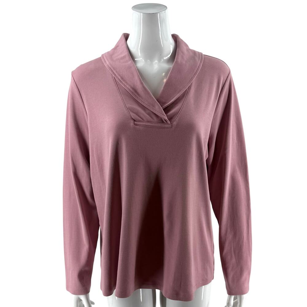 LL Bean Womens Shawl Collar Top Plus Size 1X Blush Pink Cotton Knit Shirt